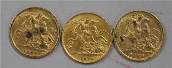 Three gold half sovereigns, 1905, 1906 and 1914.